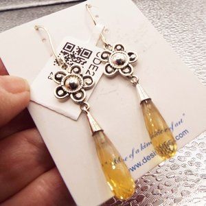 NEW ON CARD CITRINE LONG FACETED TEARDROP STERLING EARRINGS 11